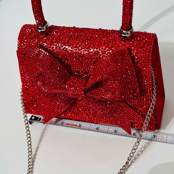 Red Rhinestone Studded Top Handle Large Bow Evening Bag - Picture 12 of 15